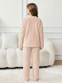 SHEIN Leap Crew Tween Girls Slogan Embroidered Wool Blend Long Sleeve Top And Pants Pajama Set - Baby Pink - View 2