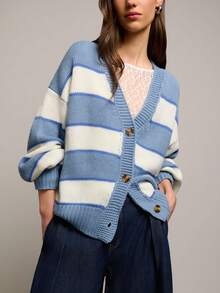 Nöista Oversized Blue And White Stripe Cardigan With Scarf Detail,Long Sleeves,Contrast Buttons.Casual,Back-To-School,School Autumn Layering For Spring - Blue - View 3