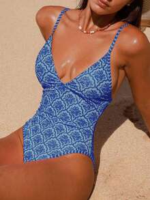 Swim Vcay New Summer V-Neck Sleeveless Backless Random Print Jumpsuit Swimsuit, Fashionable For Vacation