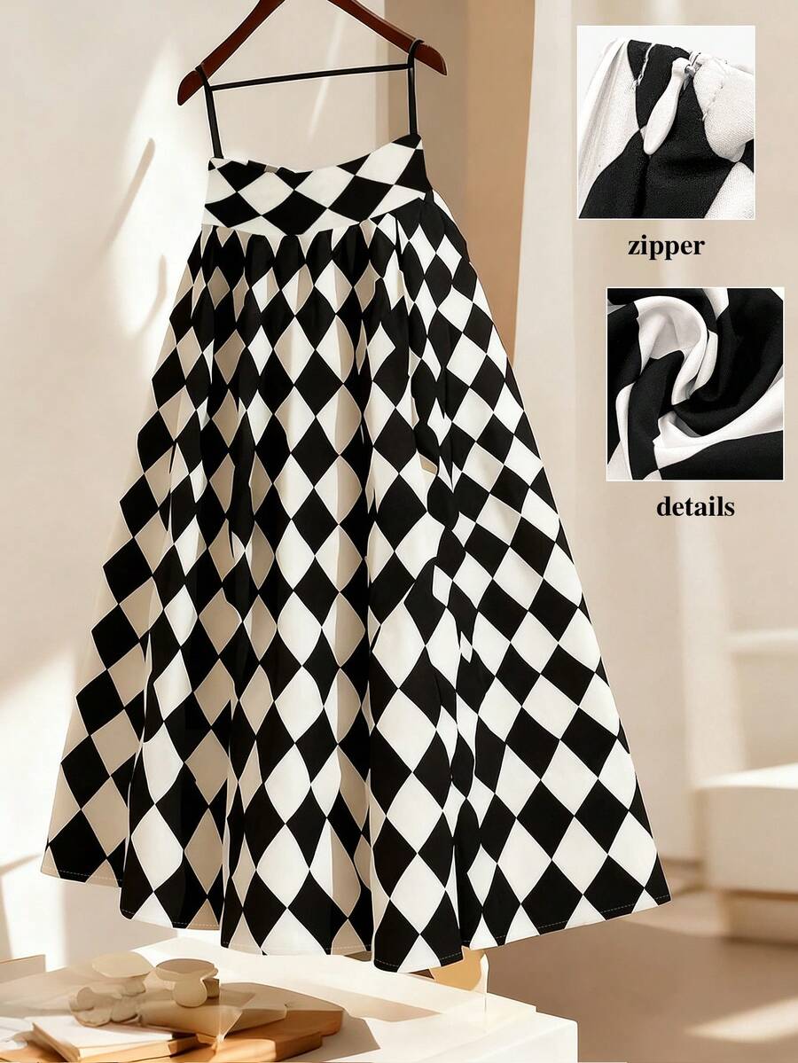 SHEIN CURVE+ 大码女式高腰几何印花优雅A字中长裙 - 彩色 - 查看 1