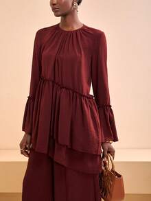 Zivah 2026春夏新款音乐节、复活节、圣帕特里克节、情人节、约会、西部风、游牧风、生日派对、节日、办公穿着圆领长袖荷叶边衬衫和松紧腰阔腿裤两件套 - 棕色 - 查看 9