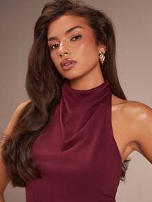 Athîral Áo len nữ cổ yếm màu đỏ kiểu dáng thường ngày - Màu Đỏ Sâu - Xem 4