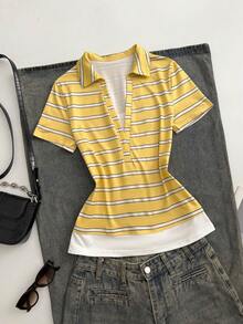 Glimmora 女士休闲条纹拼接T恤，夏季 - 黃色 - 查看 5