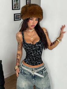 Coolane 女士春夏节日街头派对嬉皮复古Y2K基础款灰色豹纹V领弹力背心 - 藍色 - 查看 4