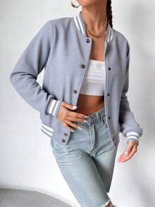 Chaqueta de béisbol para mujer - Prenda casual con diseño de costuras decorativas - Abrigo femenino moderno y elegante - Gris - Ver 3