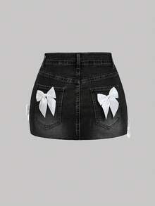 SHEIN MOD 女士蝴蝶结装饰口袋时尚牛仔迷你裙 - 黑色 - View 2