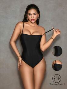 Shapewave 1 pieza Traje de baño de una sola pieza elegante para mujer con bandeau de unicolor y cuerda en forma de espina de pescado, para playa y vacaciones, primavera/verano - Negro - Ver 6