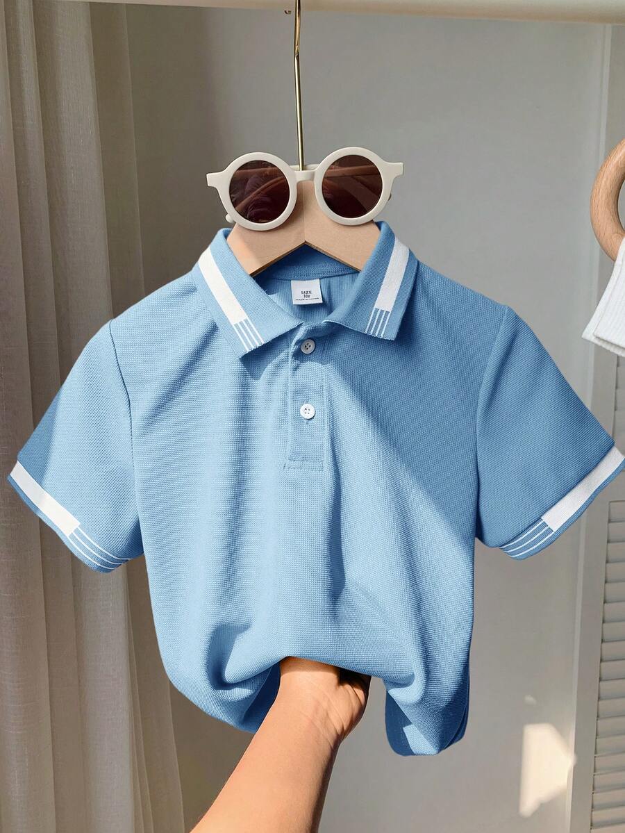 SHEIN 男童休闲翻领短袖Polo衫 - 淺藍色 - 查看 1