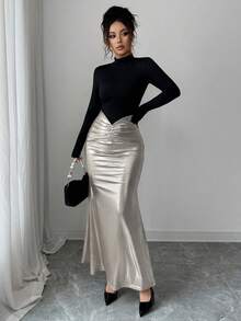 Elenzga 女士撞色领修身长裙 - 香檳色 - 查看 4