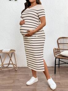SHEIN Maternity Clothes Plus-Size Maternity Wear  Dress Summer Leisure Khaki Round Neck Short-Sleeved Striped Casual Dress With Slit - Khaki - View 5