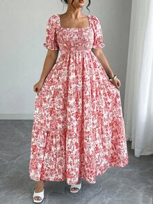 Elenzga Đầm nữ cỡ lớn thanh lịch cổ vuông họa tiết hoa nhí eo cao xếp nếp - Đỏ - Xem 4