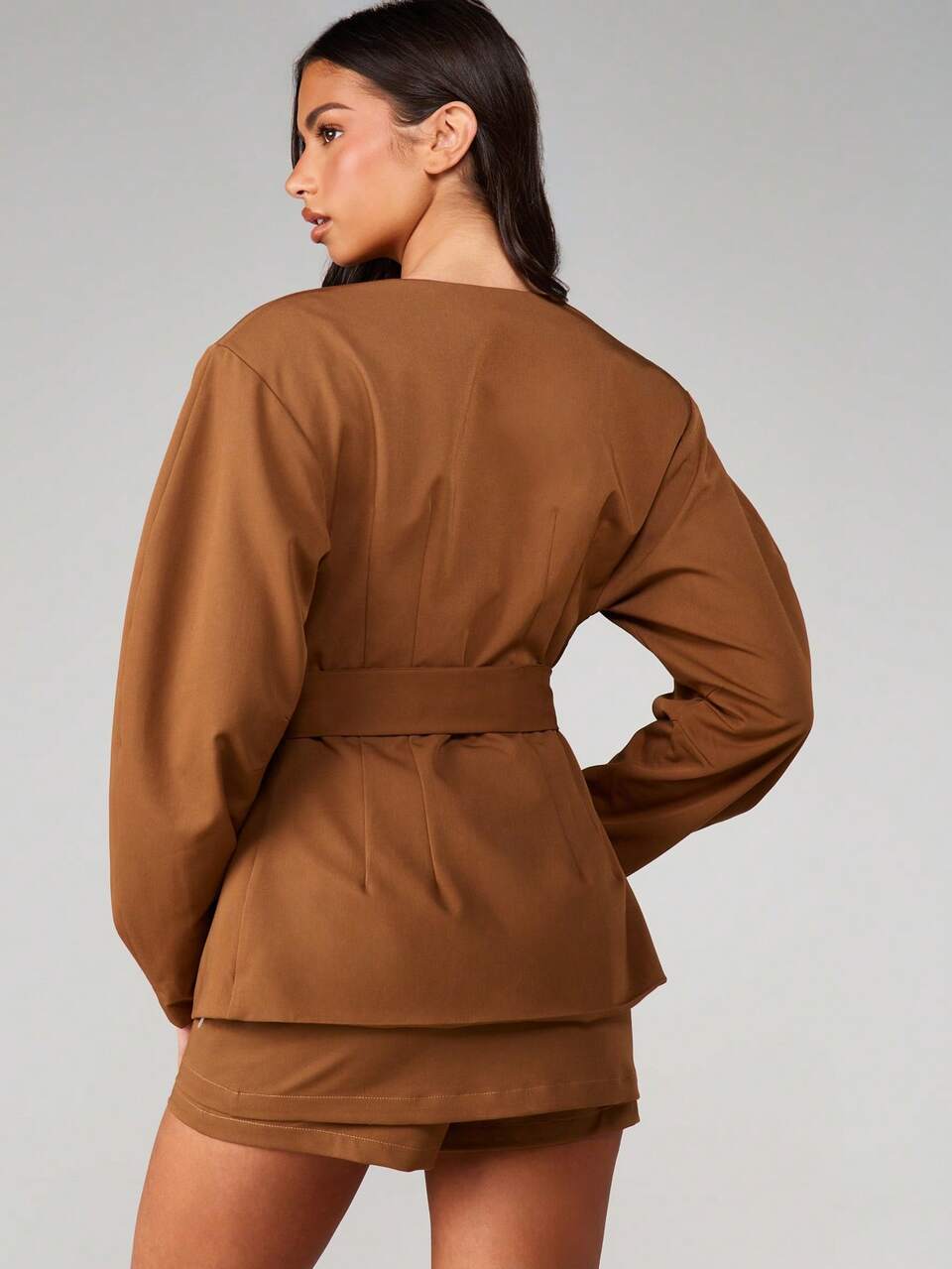 MISSGUIDED Collarless Belted Blazer With Tie Detail Professional Office Workwear Fall Winter Long Sleeve Button Front Tailored Jacket Business Formal Outerwear