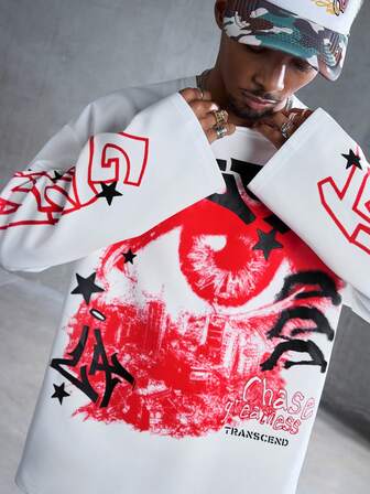 T-shirt décontracté à manches longues col rond pour hommes avec motif créatif