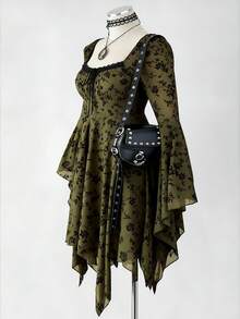 Sunspun Váy xòe tay loe thắt nơ viền bất đối xứng thời trang cỡ lớn - xanh quân đội - Xem 4