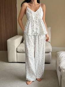 DAZY Women's Floral Ruffle Trim Camisole And Pants Pajama Set - White - View 5