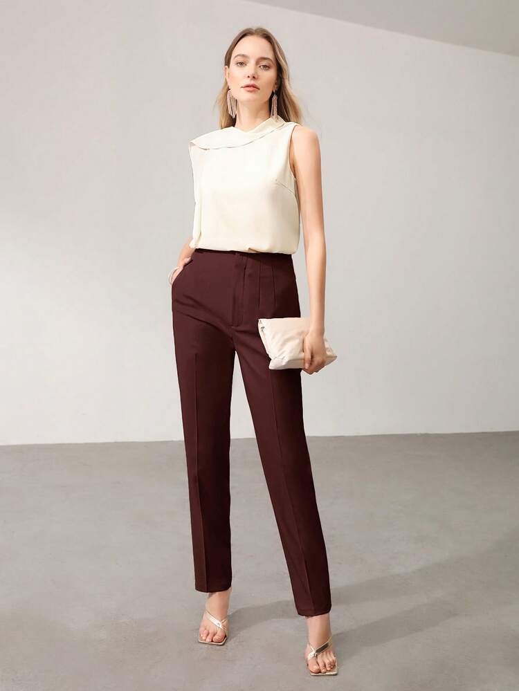 SOLID ZIP FLY SEAM FRONT TAPERED LEG SUIT PANTS