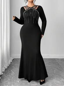Elenzga 大码女式长袖水钻装饰鱼尾修身优雅连衣裙 - 黑色 - 查看 6