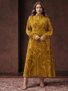 Anewsta Đầm maxi dài tay cổ đứng dáng vintage, cài khuy giả, tay dài, thắt eo, chất liệu nhung khoét rỗng, họa tiết dập nổi, phong cách Trung Đông thanh lịch, thích hợp cho mùa Thu/Xuân. - Vàng - Xem 5