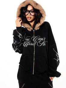 SUMWON WOMEN Oversized Boxy Full Zip Hoodie With Faux Fur Hood And Rhinestone Flame Detail Script Graphic Winter Sweatshirt - Black - View 4