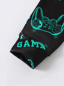 Teen Boy Glow-In-The-Dark Snug Fit Pajama Set, Video Game Controller Print Short Sleeve Top And Long Pants, Esports Style For Summer - Black - View 7