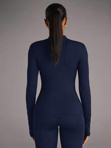 SHEIN BAE Chaqueta Deportiva Con Cierre De Cremallera, Cuello De Pie Y Color Sólido - Azul - Ver 2