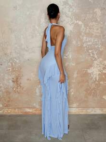 SHEIN BAE Váy dài xếp nếp nhiều lớp thanh lịch dành cho nữ, thích hợp cho các buổi hẹn hò thường ngày, đi chơi, tiệc đêm, mùa thu - Màu xanh nhạt - Xem 2