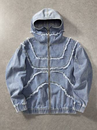 Street Life Herren Langarm Zip-Front Jacke aus Denim mit ausgefranstem Saum und Kapuze