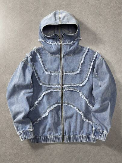ROMWE MEN Street Life Men's Long Sleeve Zip Front Frayed Hem Hooded Denim Jacket