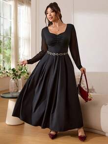 SHEIN EZwear Plus Size Black Autumn Elegant Formal Dinner Evening Dress,Swan Collar Chest Ruching Asymmetric Hem Comfortable Slim Fit Flattering Waist Party Gown - Black - View 5