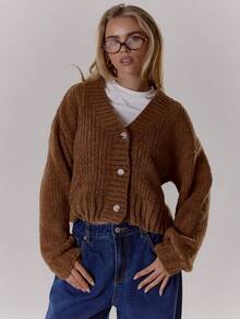 MUSERA Oversized Button Down Balloon Sleeve Knit Cardigan Cute Classy Casual Streetwear Sexy Going Out Toffee Elegant Evening Party Winter - Brown - View 2