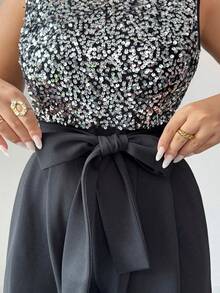 Elenzga Combinaison tricotée élégante pour femmes, avec accent de perles sur le devant, ceinture à nouer à la taille - Noir - Voir 6