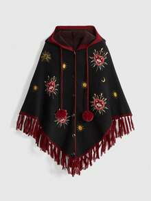 ROMWE Goth 女士神秘女巫风格月亮星星刺绣撞色提花蝙蝠袖流苏下摆连帽开衫 - 彩色 - 查看 1