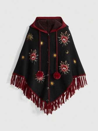 Goth Cardigan à capuche avec manches chauve-souris, ourlet à franges, style sorcière mystérieux avec broderie lune et étoile, contraste de couleurs, jacquard pour femmes