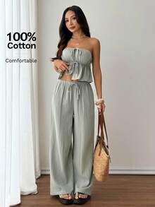 SHEIN PETITE Petite Green Woven 女士休闲套装，抹胸上衣+裤子，适合假日休闲 - 綠色 - 查看 6
