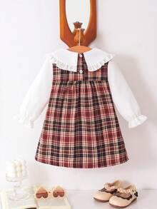 Souflis Souflis 女婴白色布料荷叶边蝴蝶结领泡泡袖格子褶皱连衣裙，优雅可爱，适合日常、通勤、休闲穿着。 - 棕色 - 查看 2