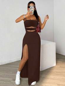 Selianne Women's Solid Color Minimalist Split Strap Mid-Length Dress - Brown - View 4