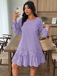 Weeklong Plus Size Women Colorblock Plaid Dress With 3D Floral Decor, Autumn/Winter - Purple - View 3