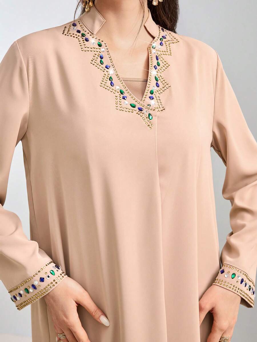 Al Najma Women's Elegant Rhinestone Embellished V-Neck Long Sleeve Abaya, Autumn