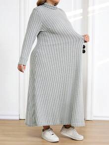 SHEIN CURVE+ Plus Size Women Ribbed Turtleneck Long Sleeve A-Line Knit Dress, Autumn/Winter - Green - View 8