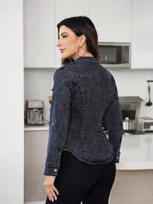 SHEIN PETITE 深灰色水洗修身收腰休闲牛仔女式衬衫 - 深灰色 - 查看 2