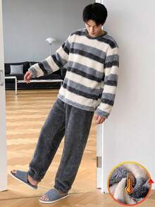Teen Boys Gray White Striped Fleece Loungewear Set,Round Neck Long Sleeve 2-Piece Combo,Autumn Winter New Year Holiday Essential Social Media Style - Grey - View 5