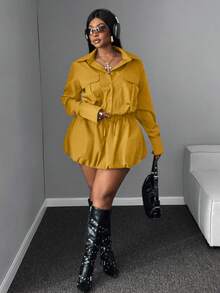 Maweii 2pcs Plus Size Women Casual Outfit - Collared Jacket And High Waist Pleated Skirt Set, Suitable For Work And Everyday Wear, Autumn/Winter - Yellow - View 7