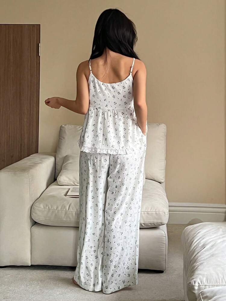 Women's Floral Ruffle Trim Camisole And Pants Pajama Set