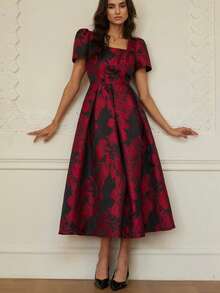 Revavyn Robe à manches courtes jacquard à taille cintrée, design mode et décontracté pour le travail et les déplacements - Multicolore - Voir 4