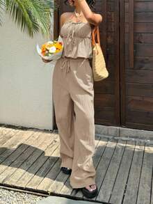 SHEIN EZwear Khaki Woven Women's Bandeau Top And Pants Casual Vacation Suit, Spring/Summer Linen Two Piece Set Strapless Jumpsuit Tube Top Jumpsuit Tube Top Romper Strapless Romper For Women Matching Top And Pants Strapless Two Piece Set Tube Top Two Piece Set Tube Top Pants Set - Khaki - View 6