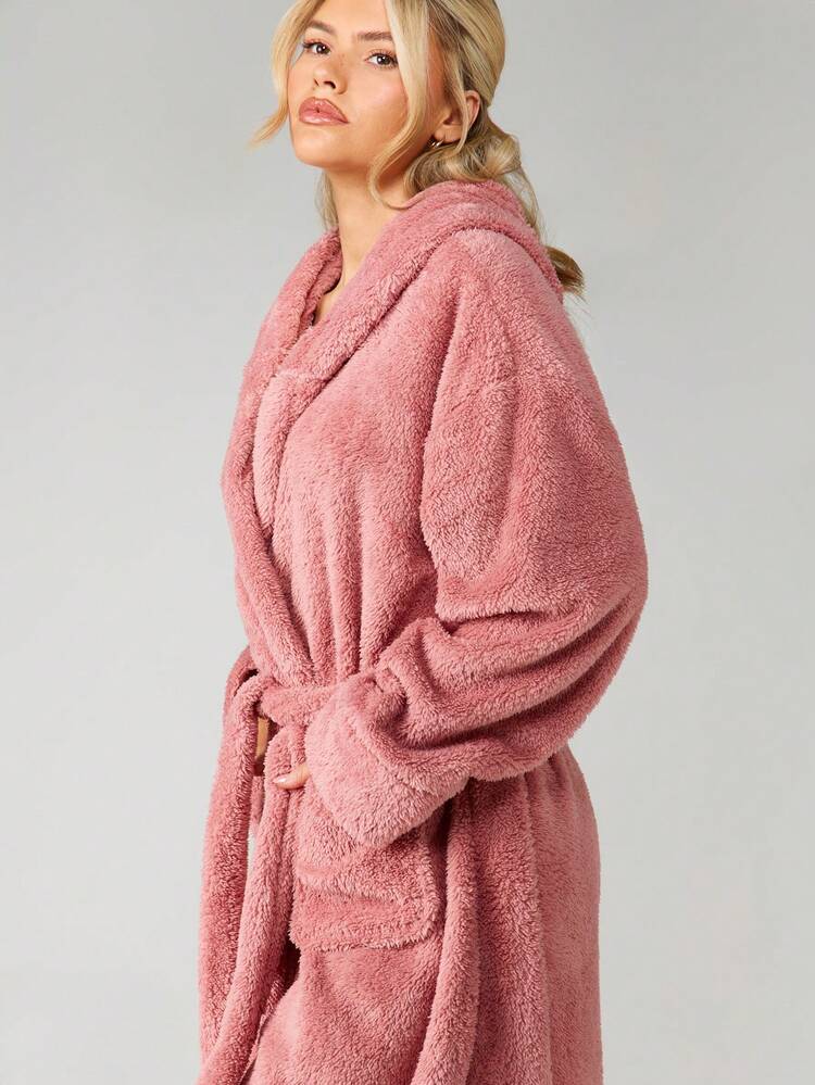 MISSGUIDED Women's Plush Hooded Bathrobe Long Sleeve Cozy Fleece Robe With Belt Winter Loungewear Soft Comfort Wear