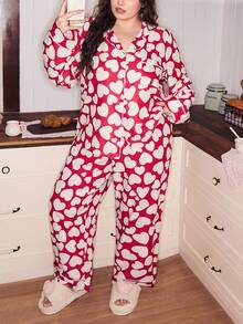 SHEIN Cute Heart Pajamas Set,Plus Size Valentine's Day Red And White Striped Contrast Soft Girl Lapel Cardigan Long Sleeve & Pants,Autumn,Family Matching - Pink - View 6