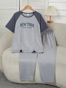 2pcs Teenage Boys' Casual Text Graphic Print Raglan Sleeve Short Sleeve Top And Pants Pajama Set - Light Grey - View 4