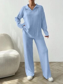 EURMUSE 2pcs Solid Color Ribbed Polo Neck Loose Knit Sweaters Everyday Travel Light Blue Autumn Casual - Baby Blue - View 3