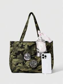ROMWE Kawaii 1 Túi tote trái tim dung tích lớn họa tiết camo Y2K màu xanh ô liu có ren hình nốt nhạc, túi đeo vai thời trang tối giản dành cho nữ, thích hợp để đi làm hàng ngày, đi học, hẹn hò, mua sắm, du lịch và các dịp khác - xanh quân đội - Xem 3